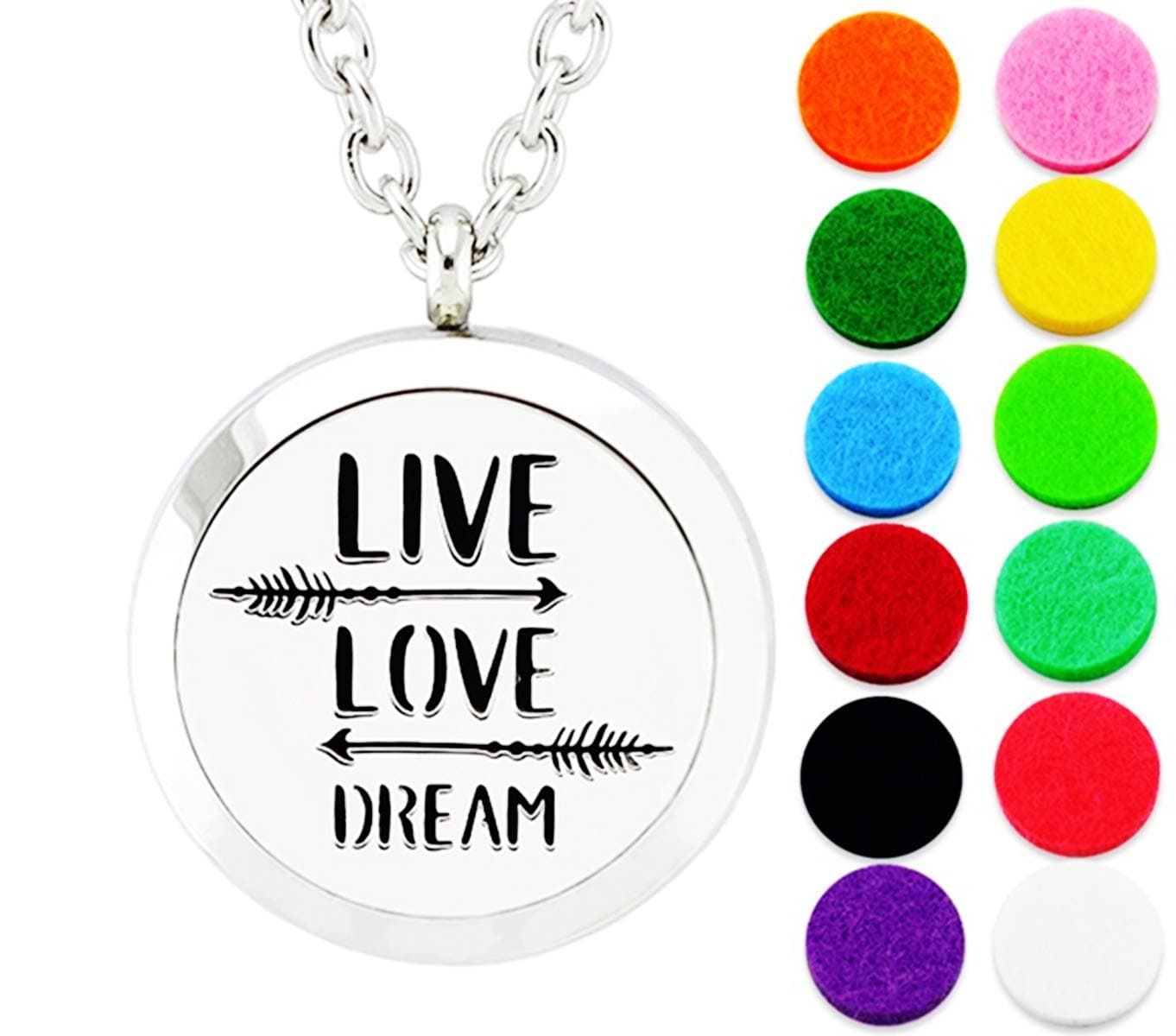 Aromatherapy Essential Oil Diffuser Necklace-Stainless Steel Locket Pendant with 12 Refill Pads (Live Love Dream)