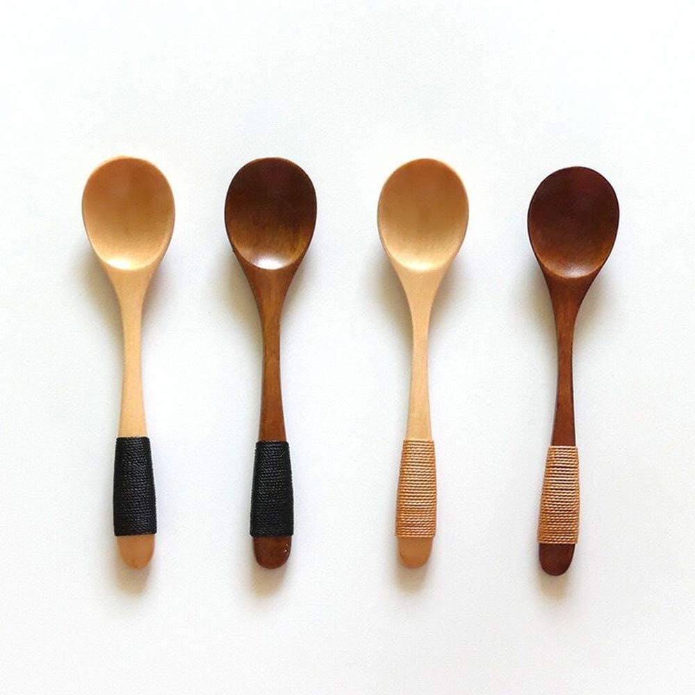 4 Pcs Mini Wooden Spoons, Wood Soup Spoons For Eating Mixing Stirring Cooking, Handle Spoon With Japanese Style Kitchen Utensil, With Tied Line On Handle(13cm)