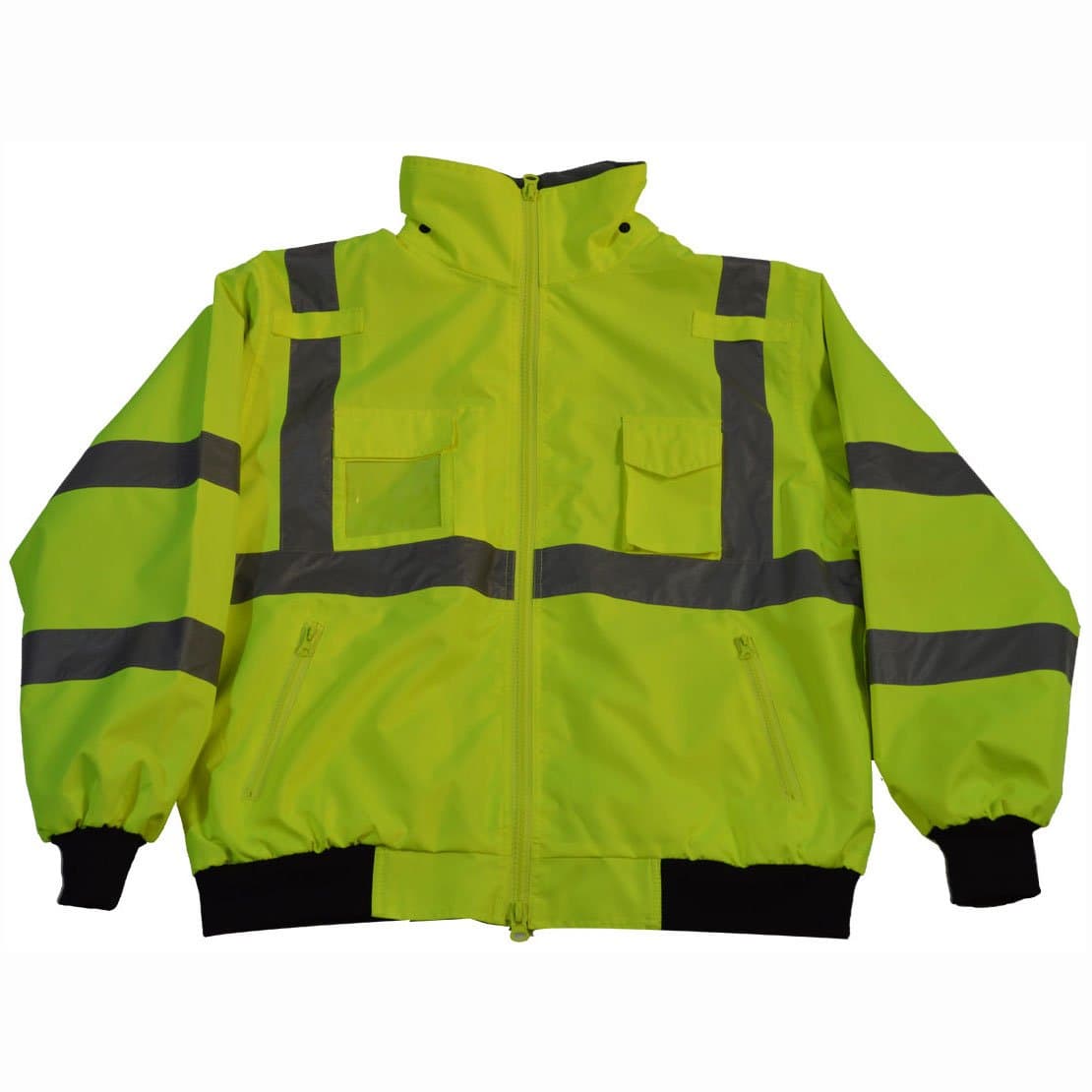 LBJ-C3-L ANSI Class 3 Waterproof Safety Bomber Jacket with Removable Fleece Liner & Roll Away Hood, Large, Lime