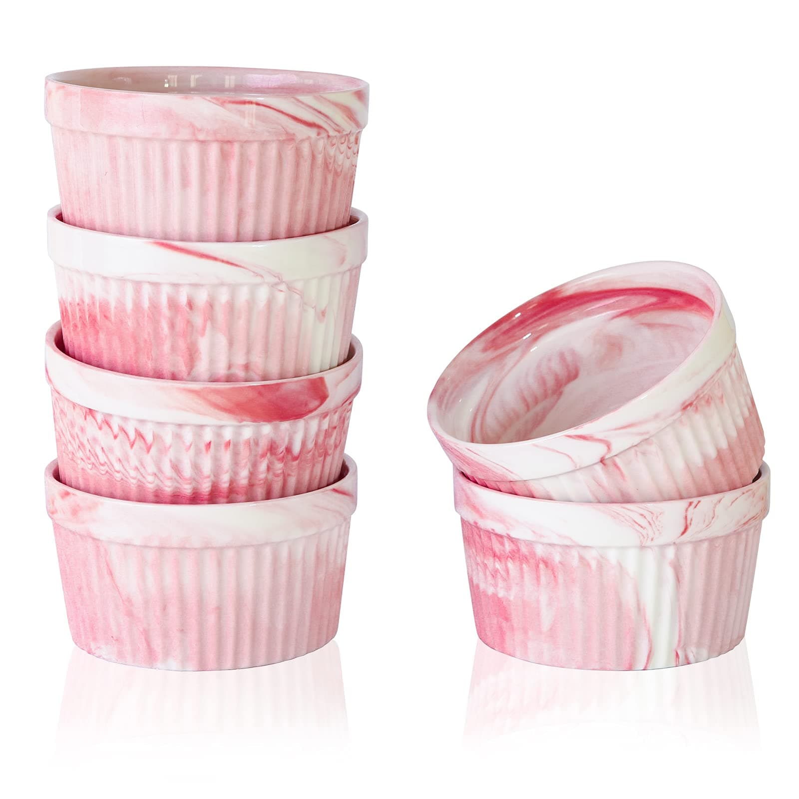 Yundu 8 Ounce Pink Marble Ceramic Ramekins - Perfect for Creme Brulee, Ramekins Oven Safe, Ramekins Bowls for Baking, Souffle Dish-Set of 6