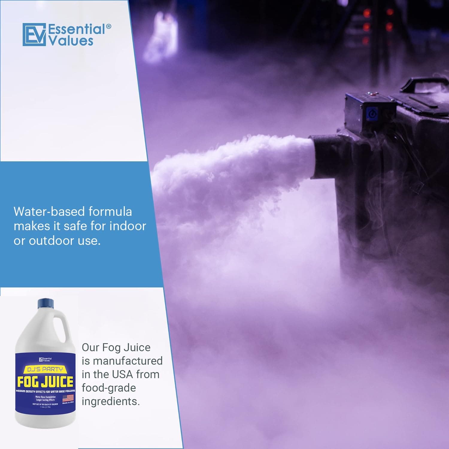 Essential Values Fog Machine Fluid – Fog Juice that Produces Long-Lasting Medium Density Fog for Water-Based Foggers, Perfect for 400 Watt to 1500 Fog Machines