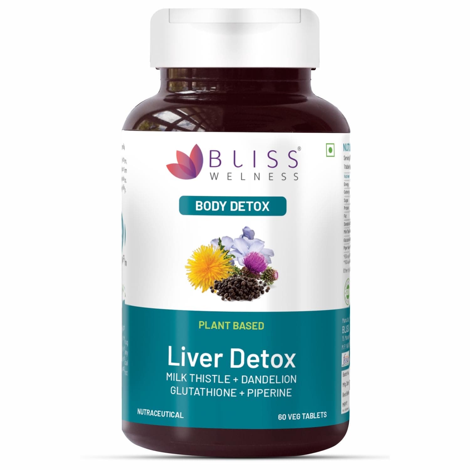 Bliss Welness Liver Detox | Milk Thistle, Silymarin Dandelion, Glutathione, Piperine Extract | Liver Protection | Liver Support Refresher Care Detox Cleansing Health Supplement (1 Month Pack (60