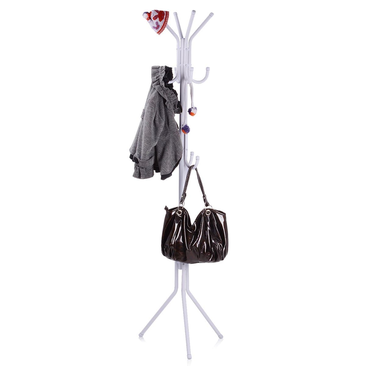 173CM Metal Coat Rack Free Standing Display Stand Hall Tree with 3 Tiers and 11 Hooks for Clothes Scarves Bags Umbrella and Hats 45173-2 (White)