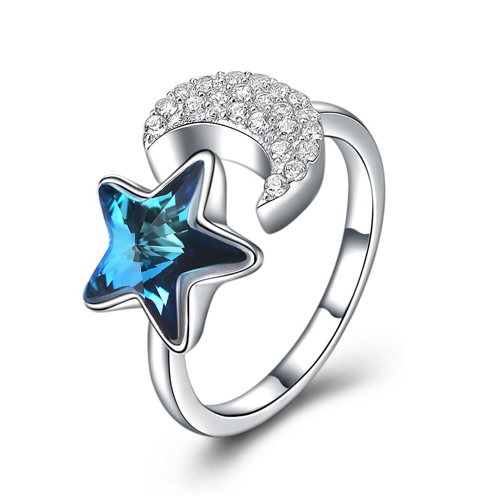 Moon Star 925 Sterling Silver Open Ring for Women with CZ Austrian Crystal