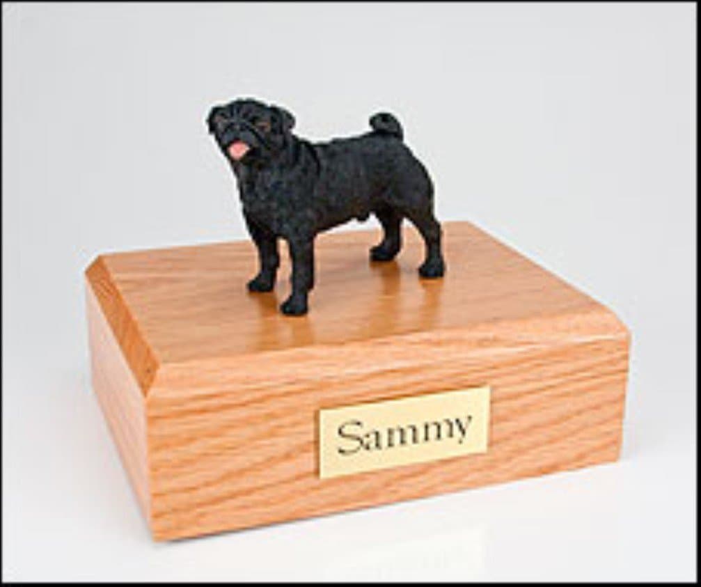 Pug Dog, Pet Cremation Urn - Black Pug Figurine on Traditional, Small Sized, Maple Wood Urn. (Listing Is for a Maple Wood … Please See Color Swatch … NOT Oak Wood, As Pictured.)