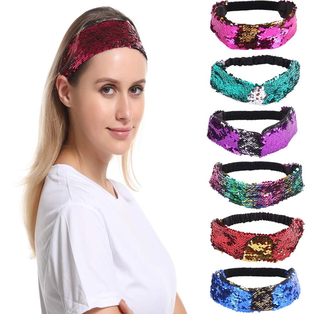 Hair Accessory Sequin Sparkly Glitter Headband Colors Reversible Color Changing Flip Sequins Headband for Teens Girls Women Mermaid Hair Wreath pack of 6