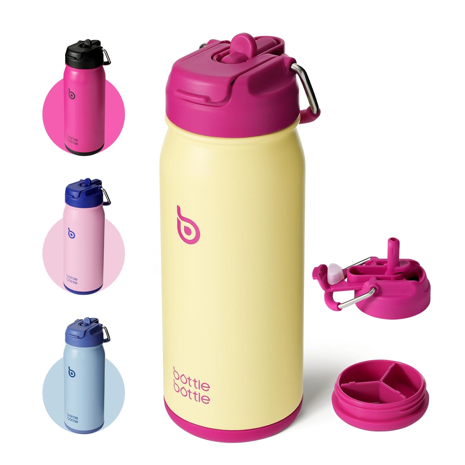 BOTTLE BOTTLE Stainless Steel Kids Water Bottle 16oz(470ml) Insulated Sports Water Bottle with Straw and Pills Holder for Gifts and School（Milkshake Yellow）