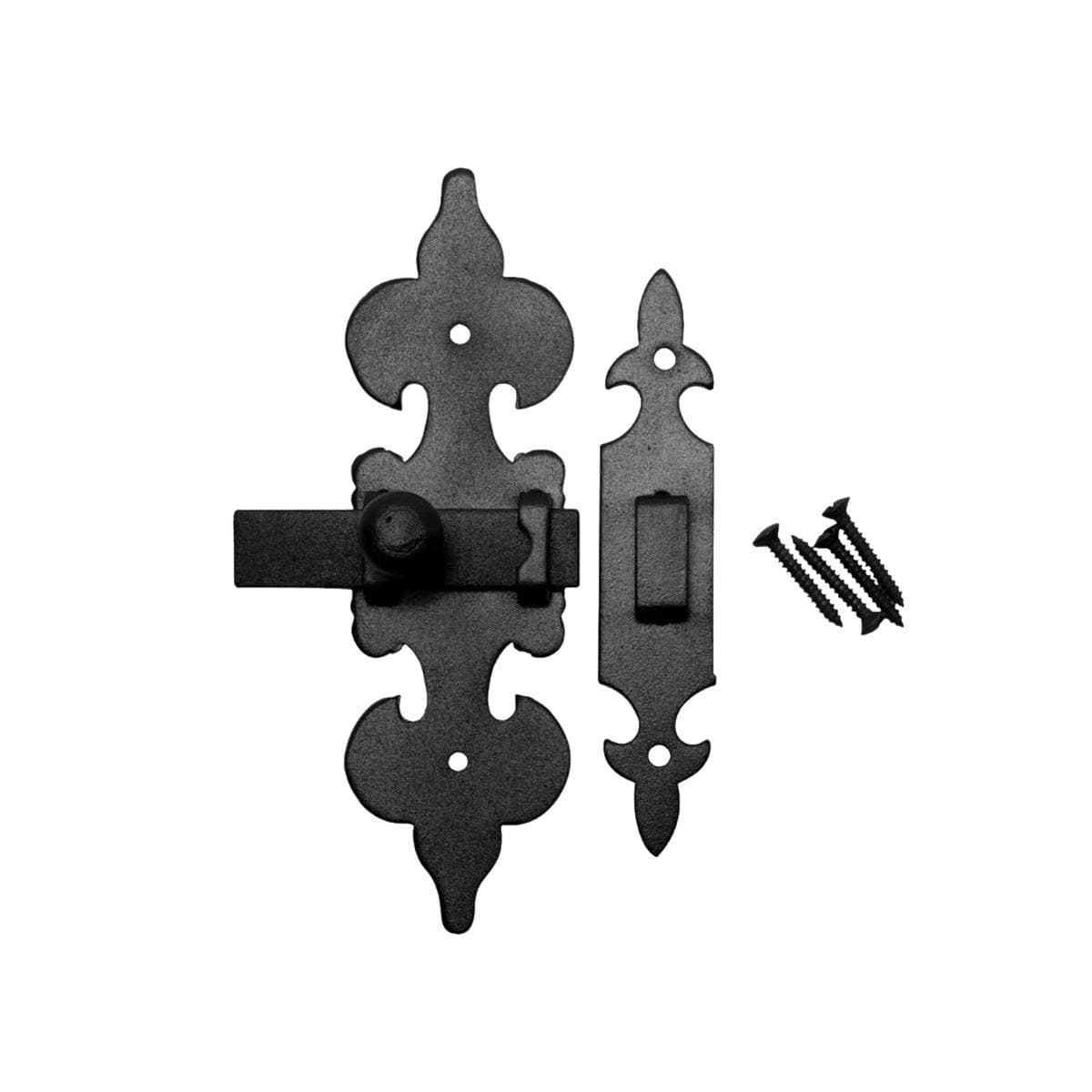 Renovators Supply ManufacturingCabinet Latch 6 in. x 4.5 in. Wrought Iron Fleur De Lis Cabinet Door Latch Lock with Mounting Hardware