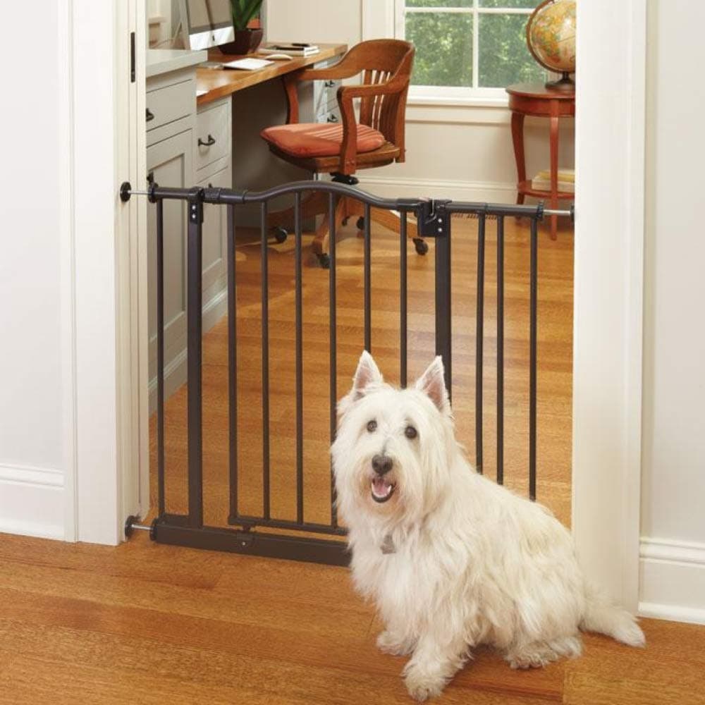 MYPETNorth States 38.25" wide Windsor Arch Pet Gate: Heavy duty metal construction with triple lock technology. Dog gate & cat gate. Pressure Mount. Fits 28.25"-38.25" wide (28.5" Tall, Matte Bronze)