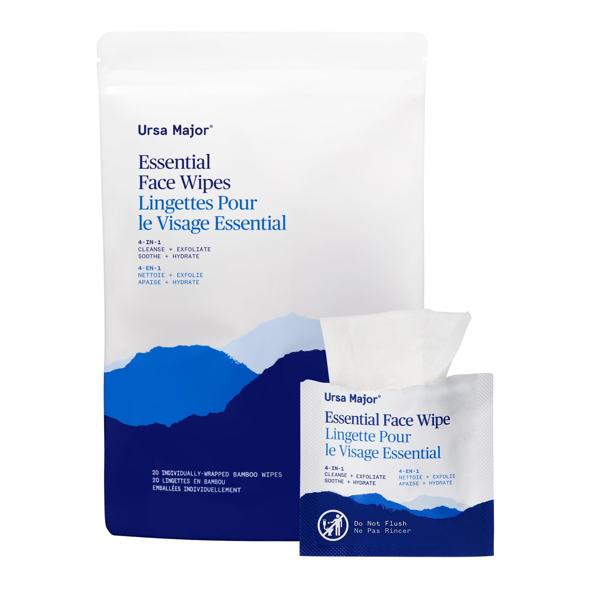 Ursa Major Essential Face Wipes | Natural, Biodegradable, Cruelty-Free | Cleanse, Exfoliate, Soothe and Hydrate | Individually Wrapped | 20 Count