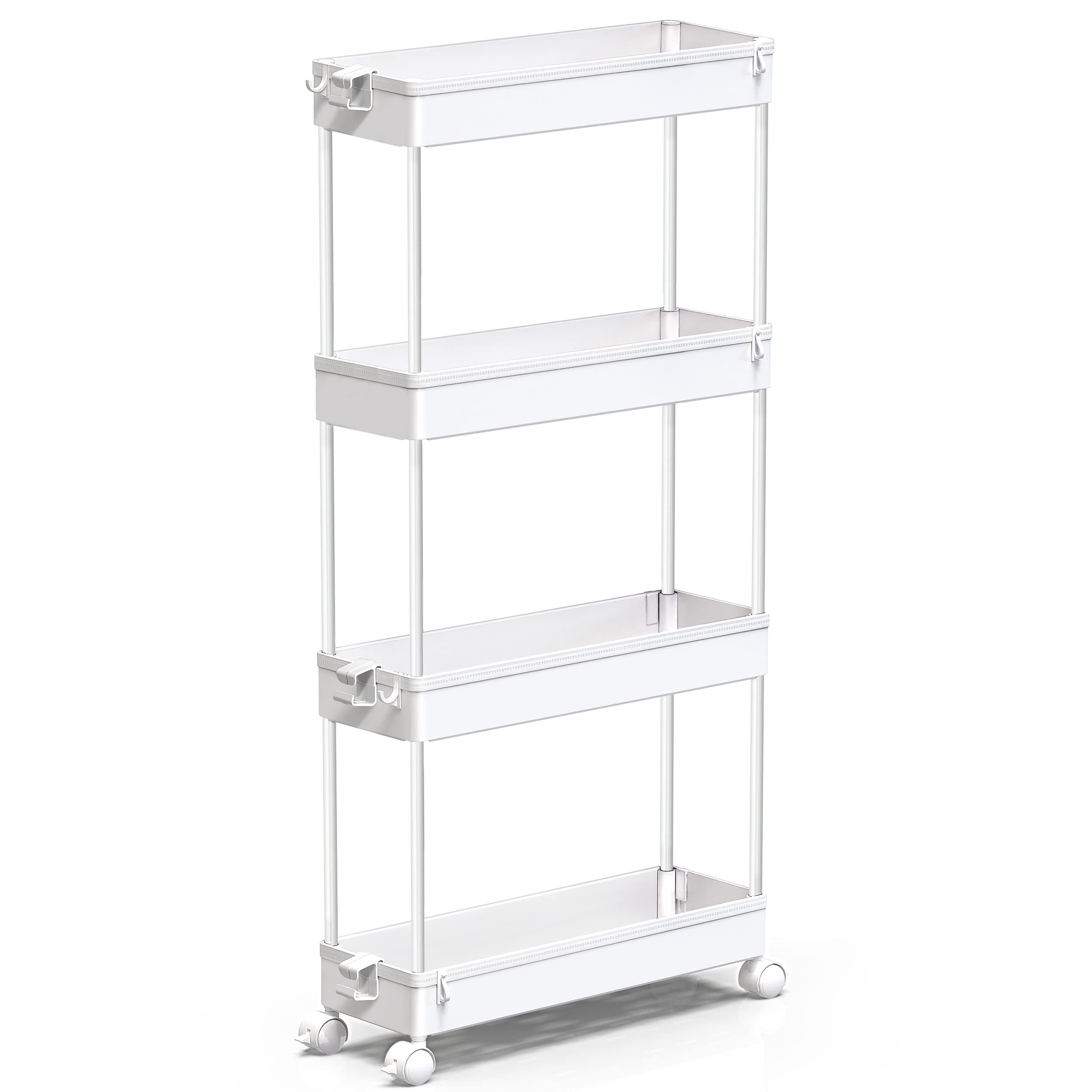 Slim Rolling Storage Cart 4 Tier Bathroom Organizer Mobile Shelving Unit Utility Cart Tower Rack for Kitchen Laundry Narrow Places, White