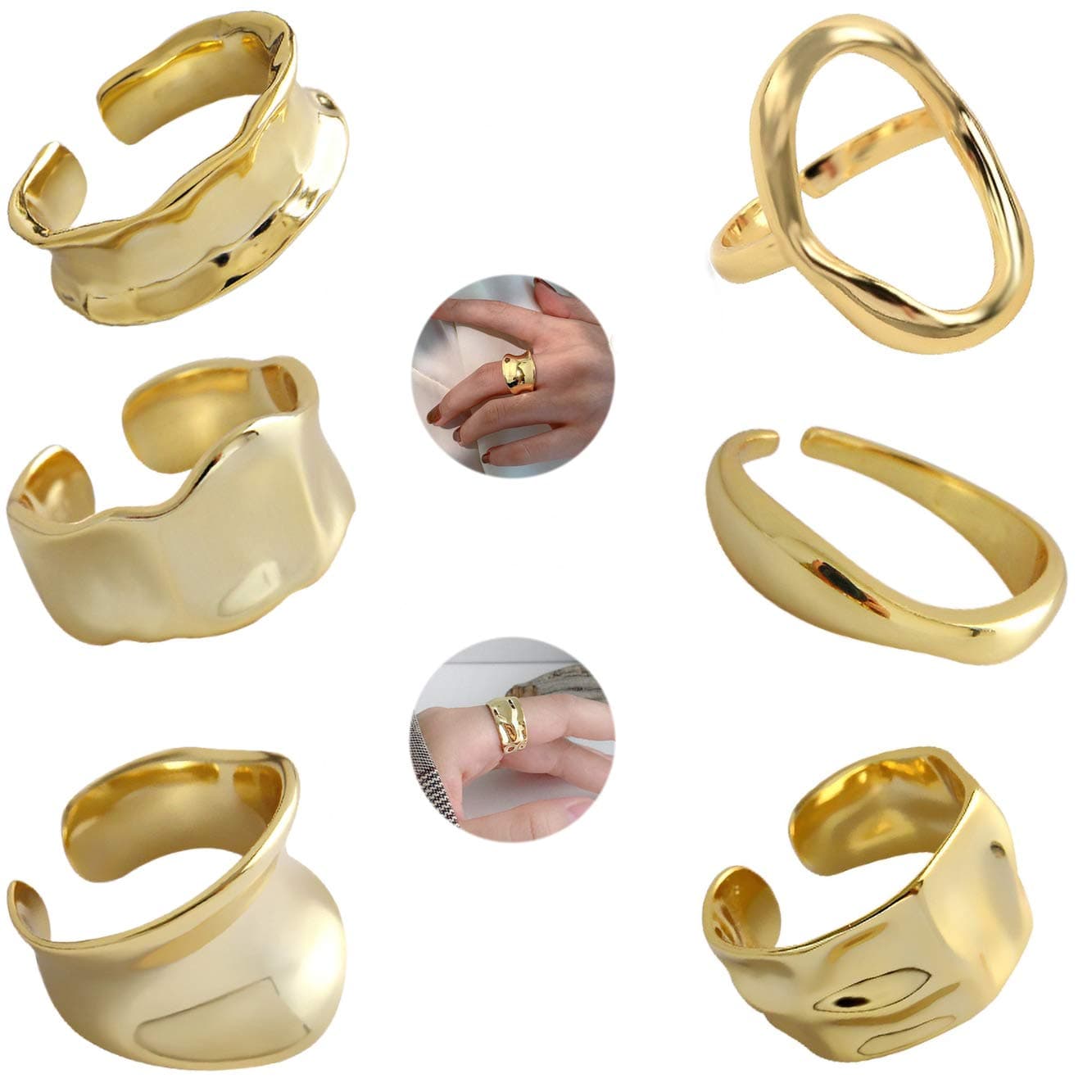WAINIS6 Pcs Chunky Gold Open Rings for Women Statement Boho Adjustable Rings Set