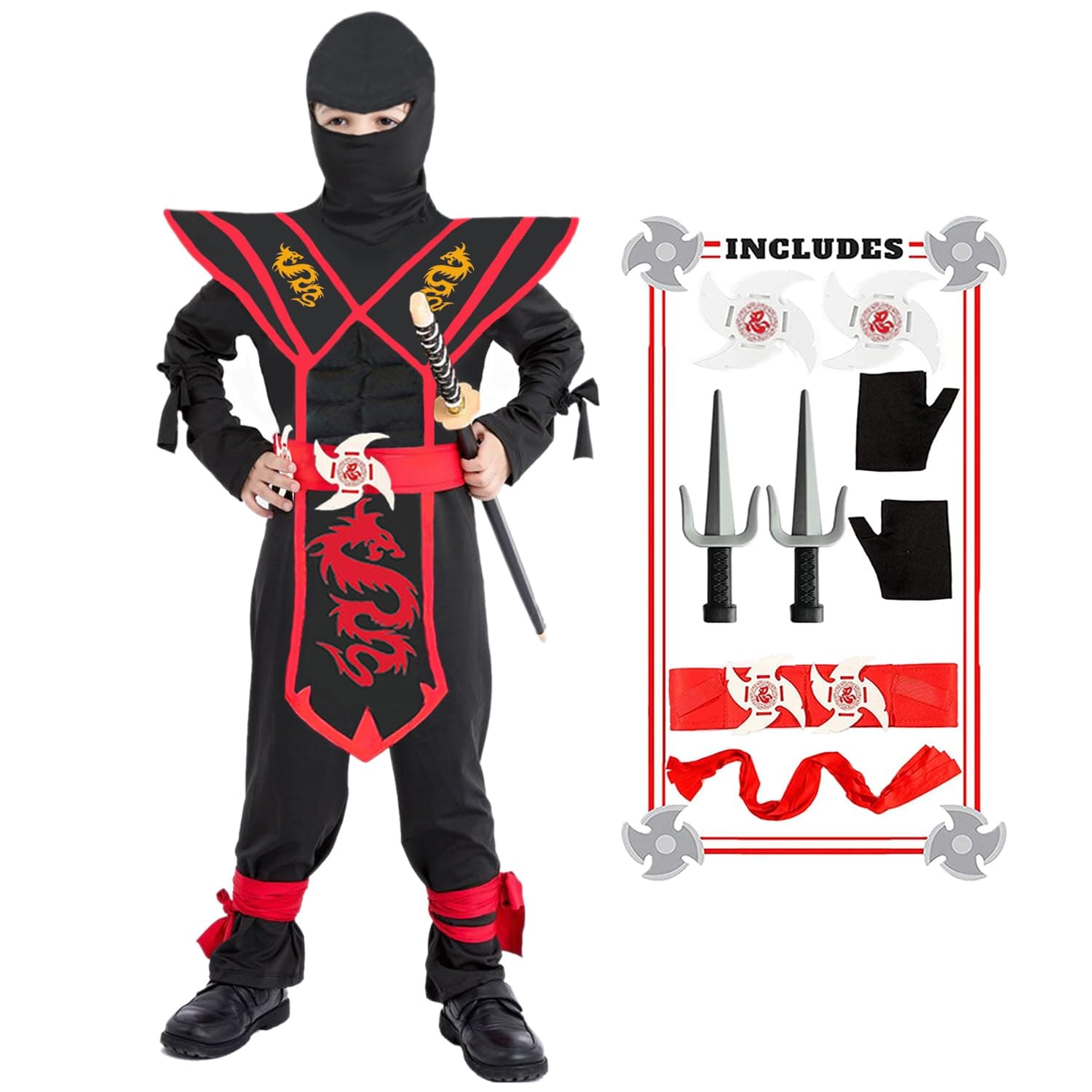 SATKULL Kids Ninja Costume Set Halloween Ninja Cosplay Costumes with Halloween Ninjas Accessories for Boys Dress up