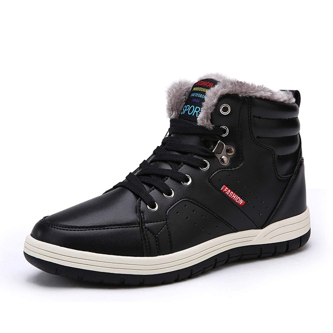 Ceyue Mens Leather Snow Boots Lace up Ankle Sneakers High Top Winter Shoes with Fur Lining