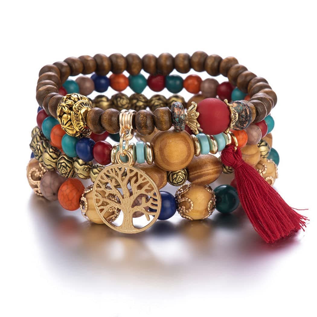 Bohemian Wood Beaded Bracelets for Women Multilayer Stretch Tassel Bracelets Set Tree of Life Charm Love Statement Bangles for Girls