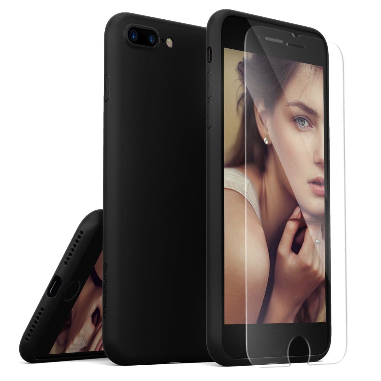 [2 in 1] iPhone 8 Plus Case / iPhone 7 Plus Case with Tempered Glass Screen Protector, Moduro [MINIMALIST SERIES] Full Coverage Ultra Thin [1.0mm] Slim Fit Flexible TPU Case (Matte Black)