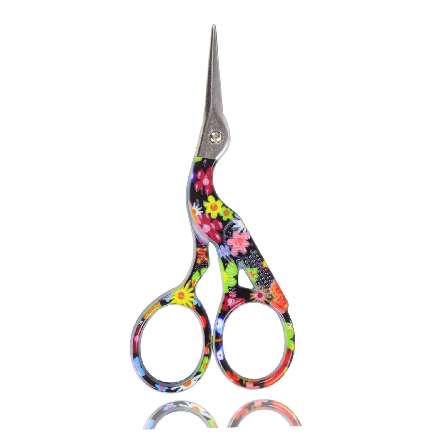 BIHRTCStork Bird Scissors Embroidery Scissors Sewing Scissors Small Shears for Crafting Art Work Threading Needlework DIY Tools Dressmaker Everyday Use Black Floral Pattern 3.6 Inch Scissors