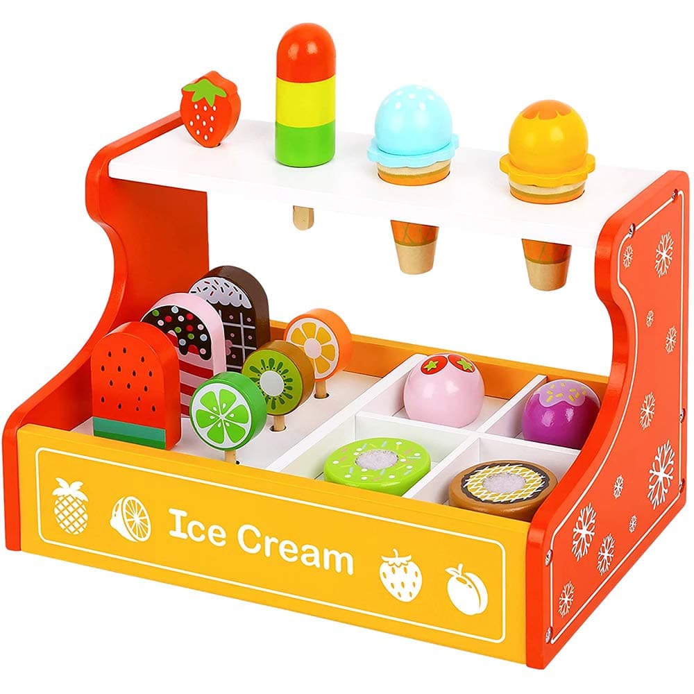 Wooden Ice Cream Parlor Playset for Kids 3 Years and Up - 15-Piece Ice Cream Toys with Ice Cream Counter, Frozen Treats, Ice Cream Toppings, Frozen Fruit Pops, Ice Pops, and Cones