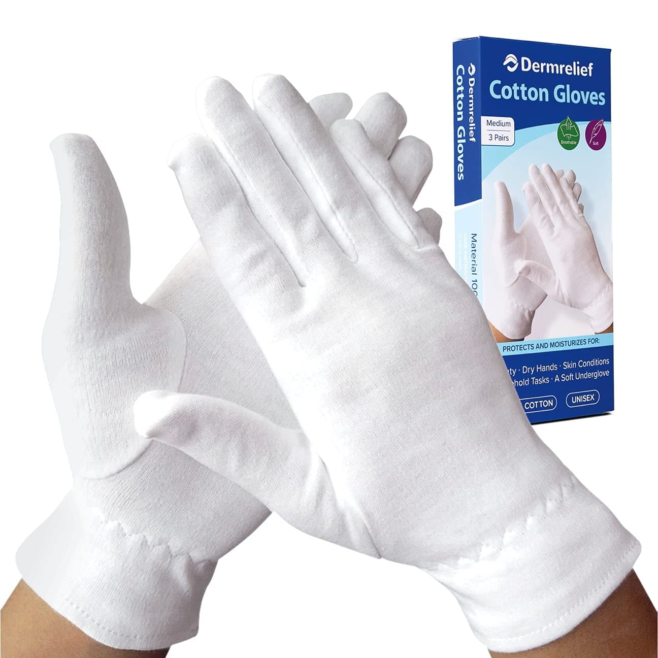 Cotton Gloves - for Beauty, Dry Hands, Eczema, Dermatitis and Psoriasis (Medium, 3 Pairs)