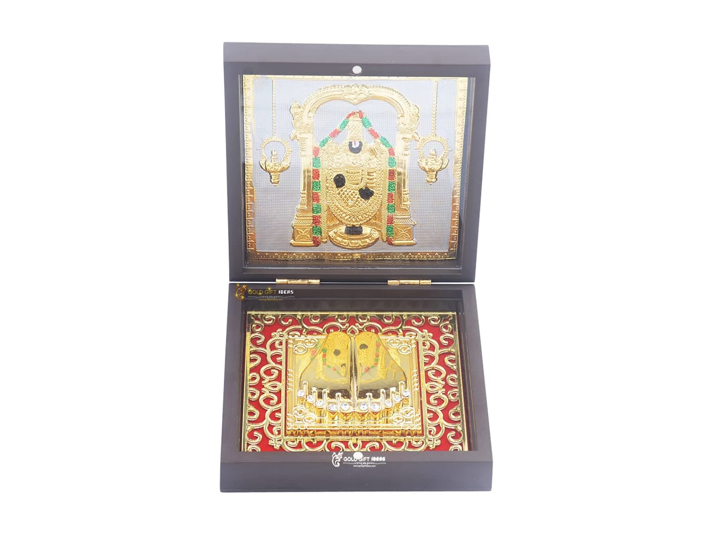 GoldGiftIdeas 24K Gold Plated Tirupati Balaji Photo Frame with Charan Paduka, Balaji Wooden Momento Gift, Venkateshwar Swami Frame for Worship, Housewarming Gift