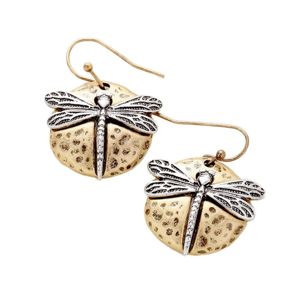 Two-tone Silver and Gold Tone Dragonfly Earrings Fish Hook Ear Wire