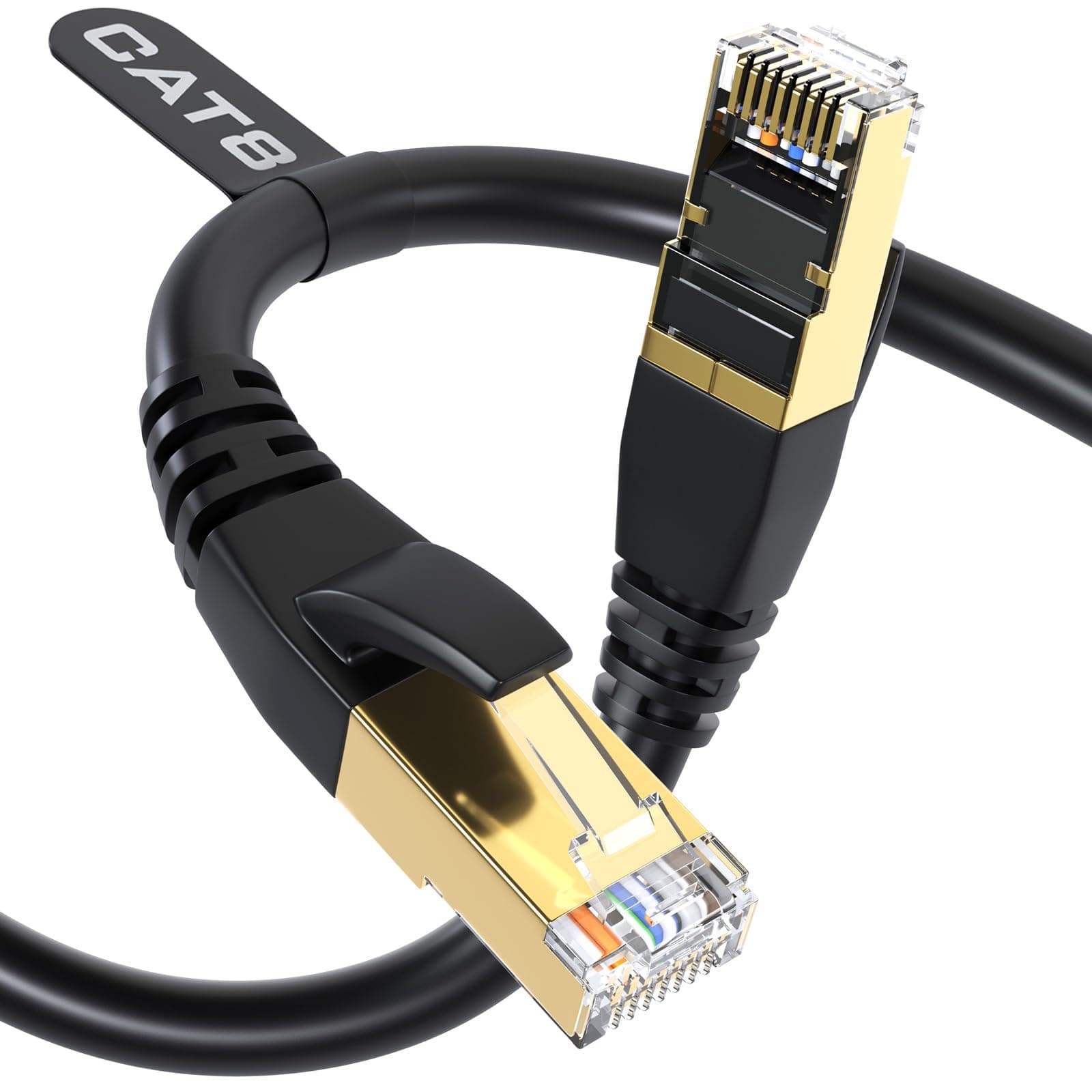 Cat8 Ethernet Cable, Outdoor & Indoor, 7.6M Heavy Duty 26AWG Cat8 LAN Cable, Weatherproof, with Gold Plated RJ45 Connector, 40Gbps 2000Mhz High Speed for Router/Gaming