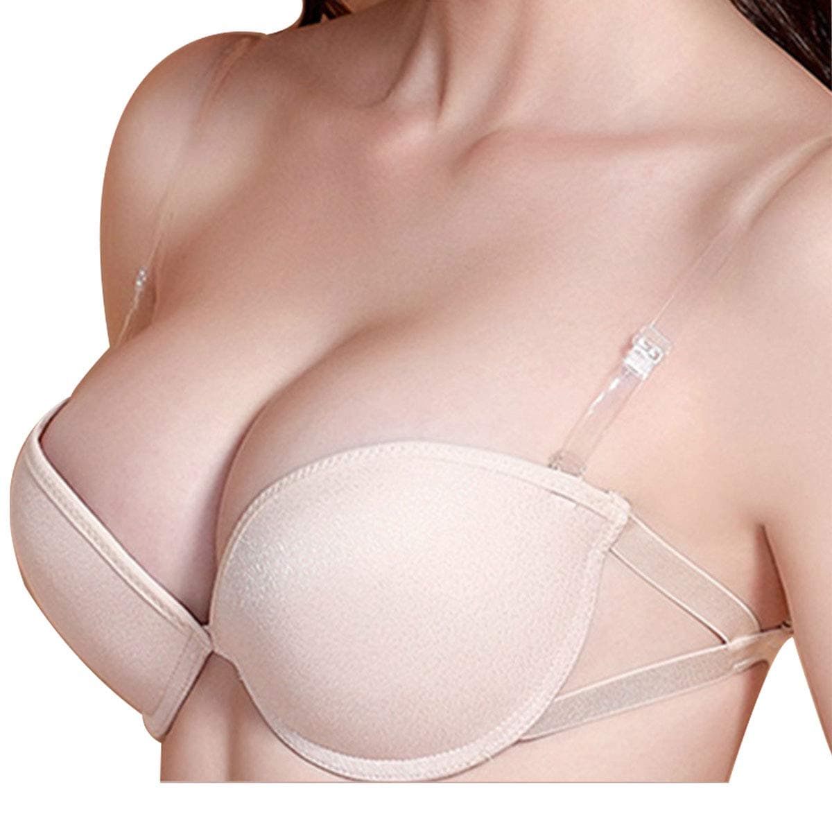 Women's Strapless Bra Silicone Push up Seamless Invisible Bra Half Cup Lift Bra for Wedding(Clear Straps Included) Nude