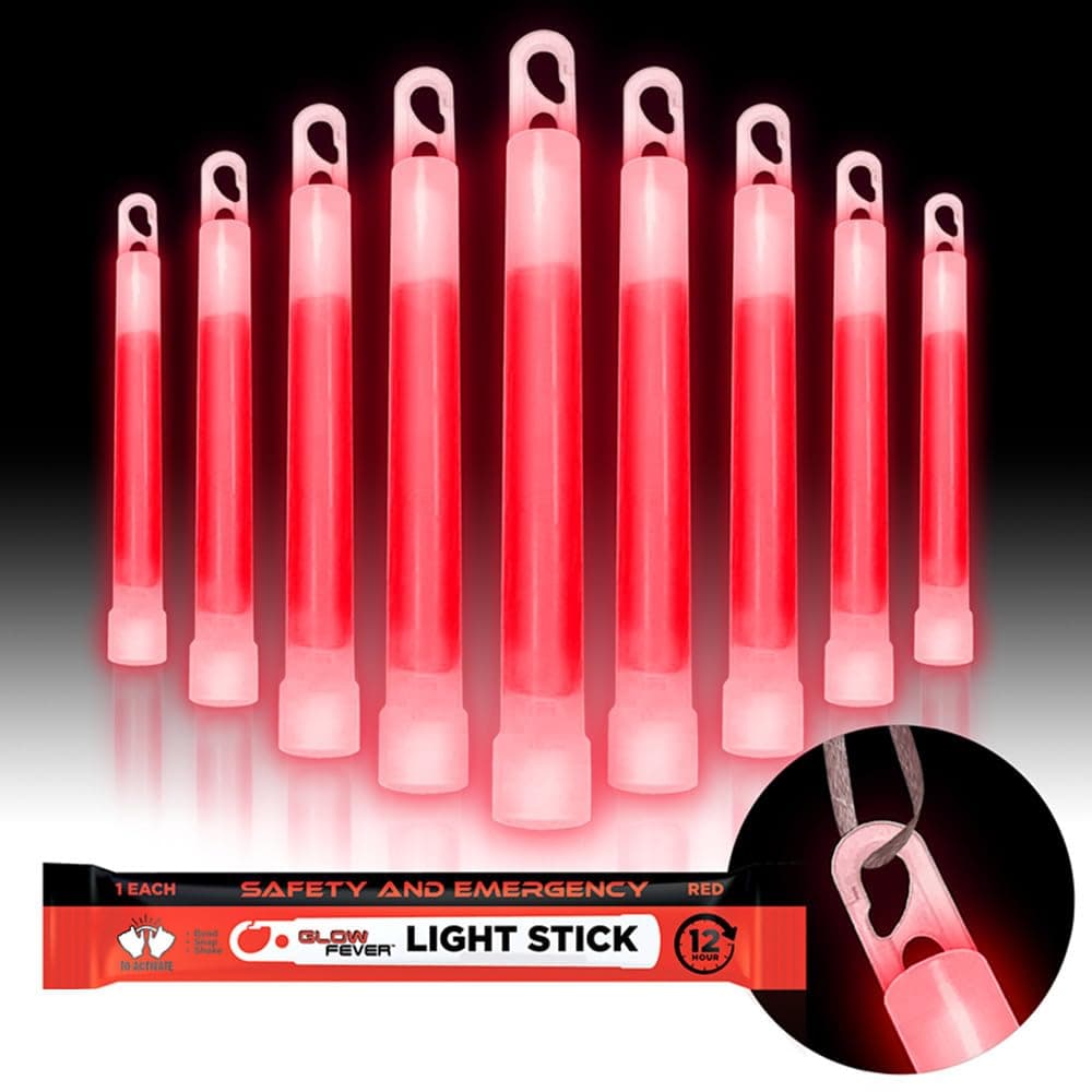 Glow Fever Glow Sticks Bulk, Emergency Safety Military 6'' Lightsticks, Light Up Ultra Bright With 12 Hours Duration For Hiking Party Camping Blackouts Hurricane Shelter Survival Kit (Red, 10PCS)
