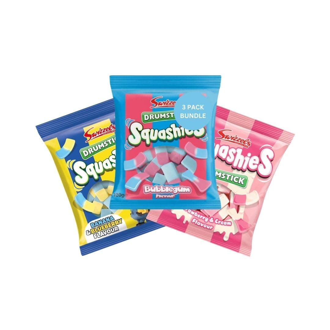 Squashies DrumStick Banana & Blueberry, Strawberry & Cream, Bubblegum Flavors - Variety Pack- 120G (3 PACK BUNDLE) - Imported from UK (V3)