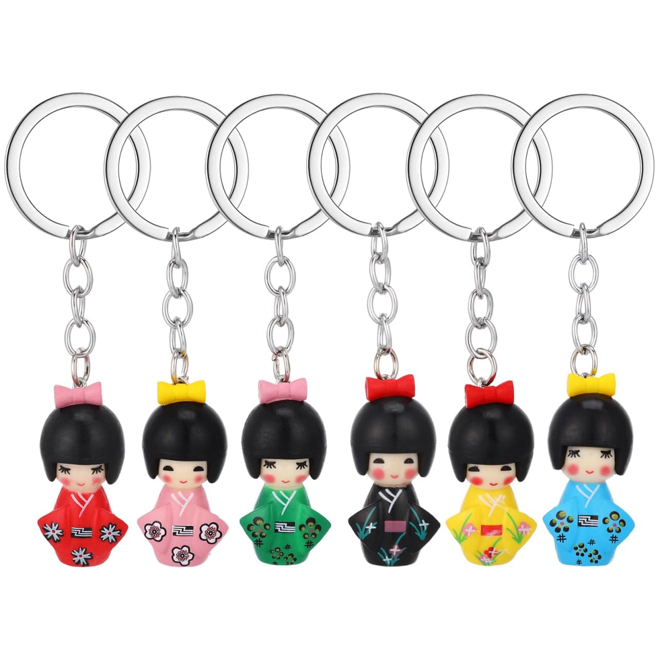 Gadpiparty 6pcs Traditional Japanese Kimono Kokeshi Doll Keychains Asian Geisha Figurine Ornament Bag Purse Charms DIY for Car Interior Hanging Decorations Random Color