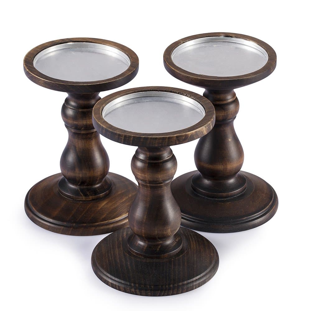 Wood Pillar Candle Holders, Set of 3 Height 6" Candlesticks, Compatible with Diameter 3.5" Pillar Wax Candles or Flameless Candles like Luminara/Air Zuker Brand Candle Rustic Bronze Color