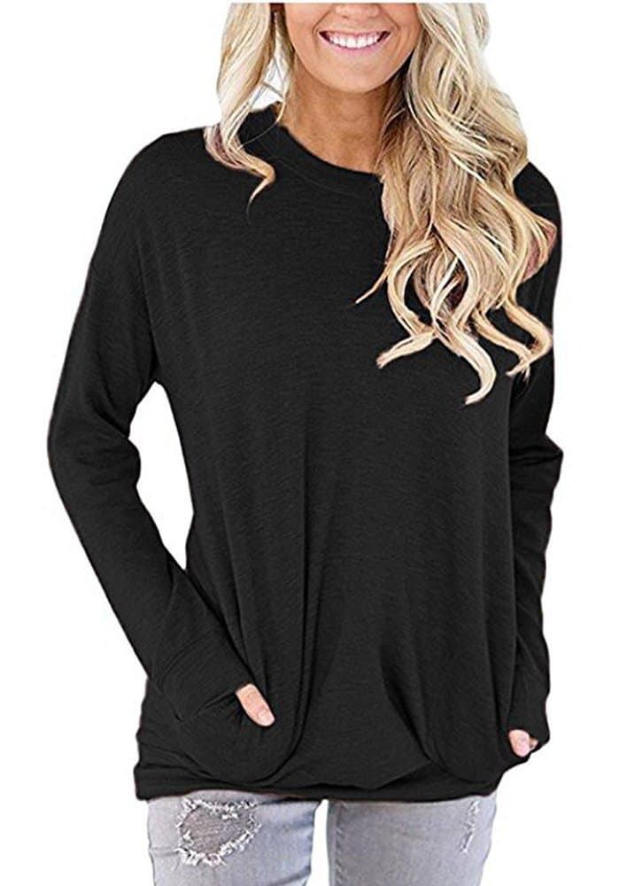 Women Solid Color Round Neck Casual Loose Short Long Sleeve Sweatshirt T-shirts Tops Blouse