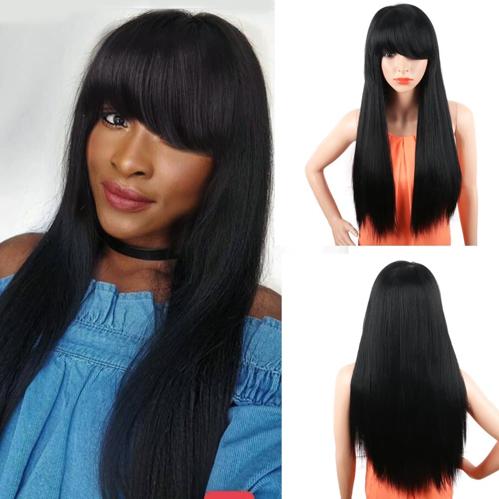 Yitihair 26" long Straight layered Synthetic Wigs with Side Bangs Full Head Synthetic Hair None Lace Wigs for Black Women with Natural Looking Wig Heat Resistant