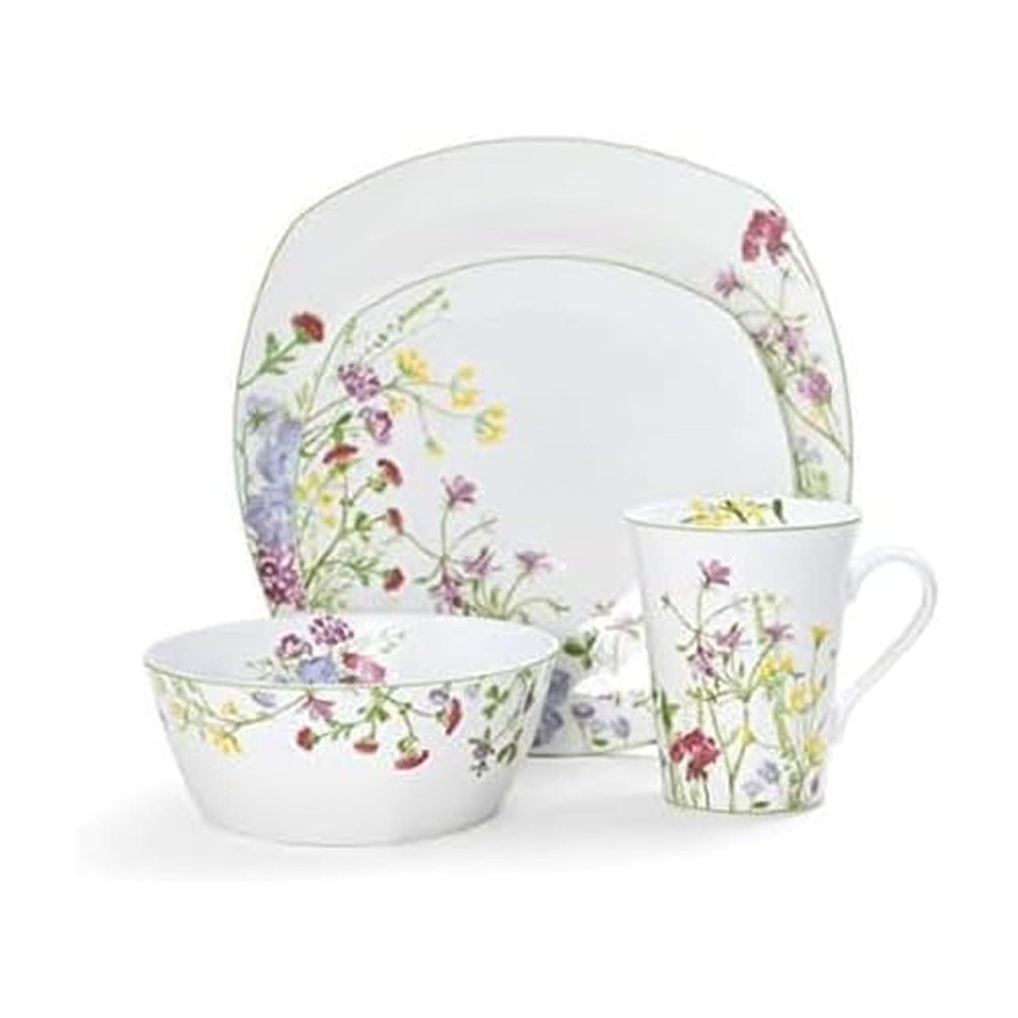 Wildflower Garden Dinnerware Set, 16-Piece Bone China Dishes Service for 4, Square Plates and Bowls Set with Mugs, Floral Design, Dishwasher and Microwave Safe