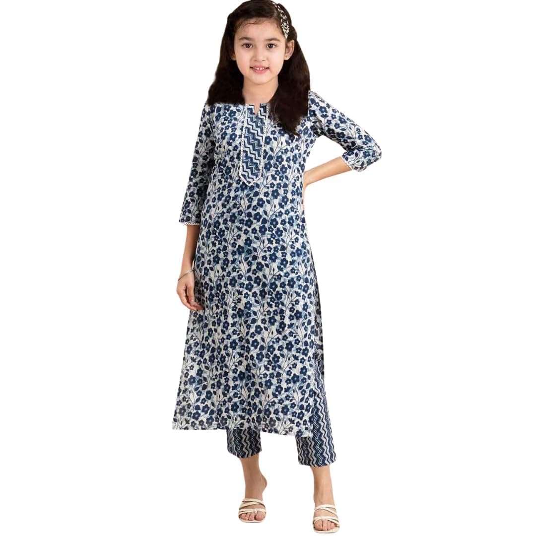 Girl's Cotton Blend Salwar Suit Set Girls Cotton Kurta Set, Printed kurti for Girls