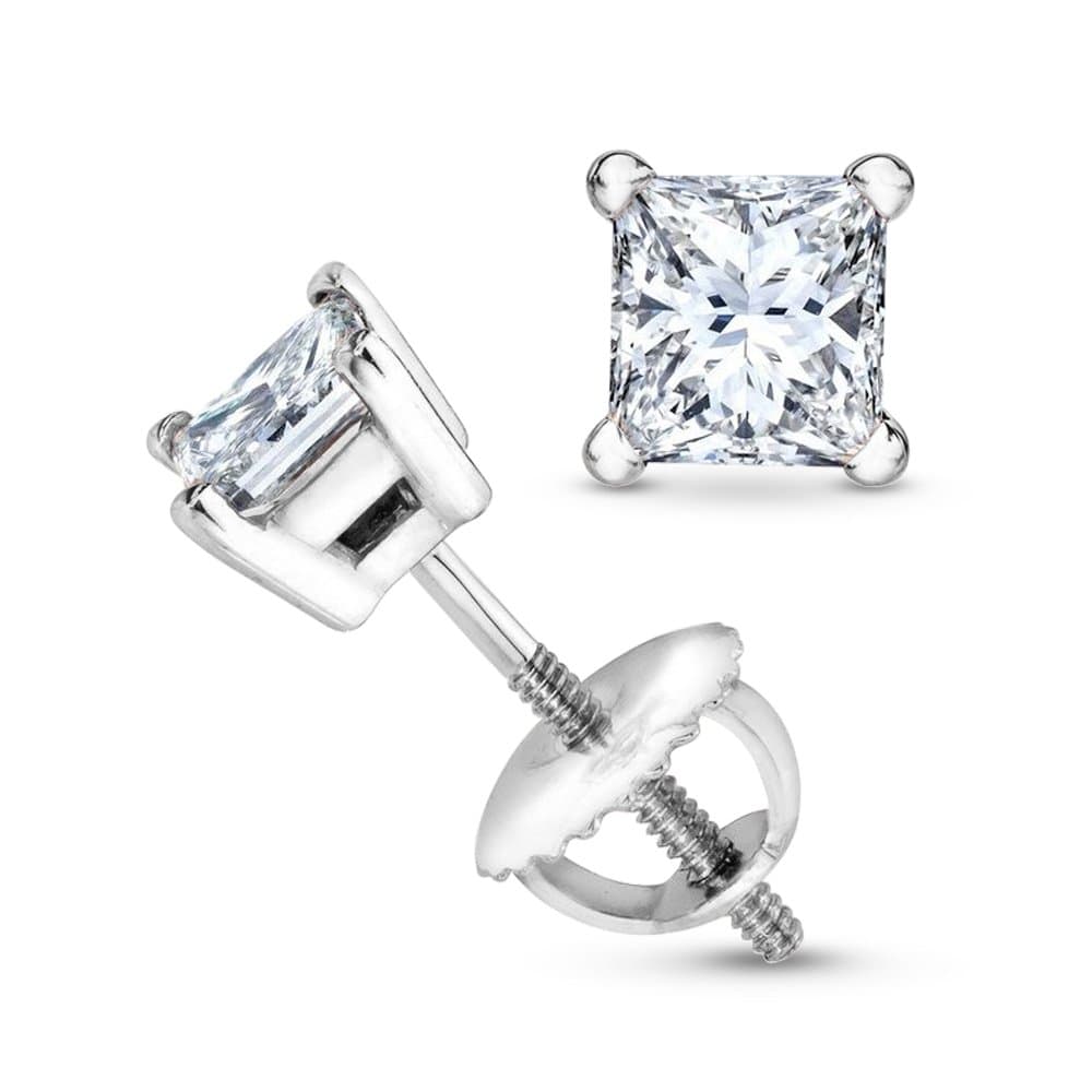 1/2 Carat Solitaire Diamond Stud Earrings Princess Cut 4 Prong Screw Back (D-F Color, SI1-SI2 Clarity)