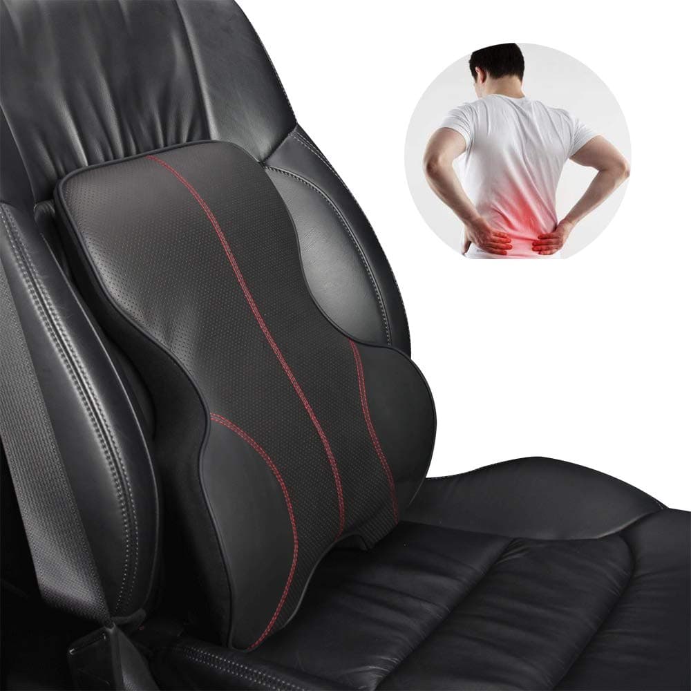 Lumbar Support Pillow for Car, Genuine Leather Car Back Support,Memory Foam Low Back Cushion for Office Chair(Black 1 Pack)