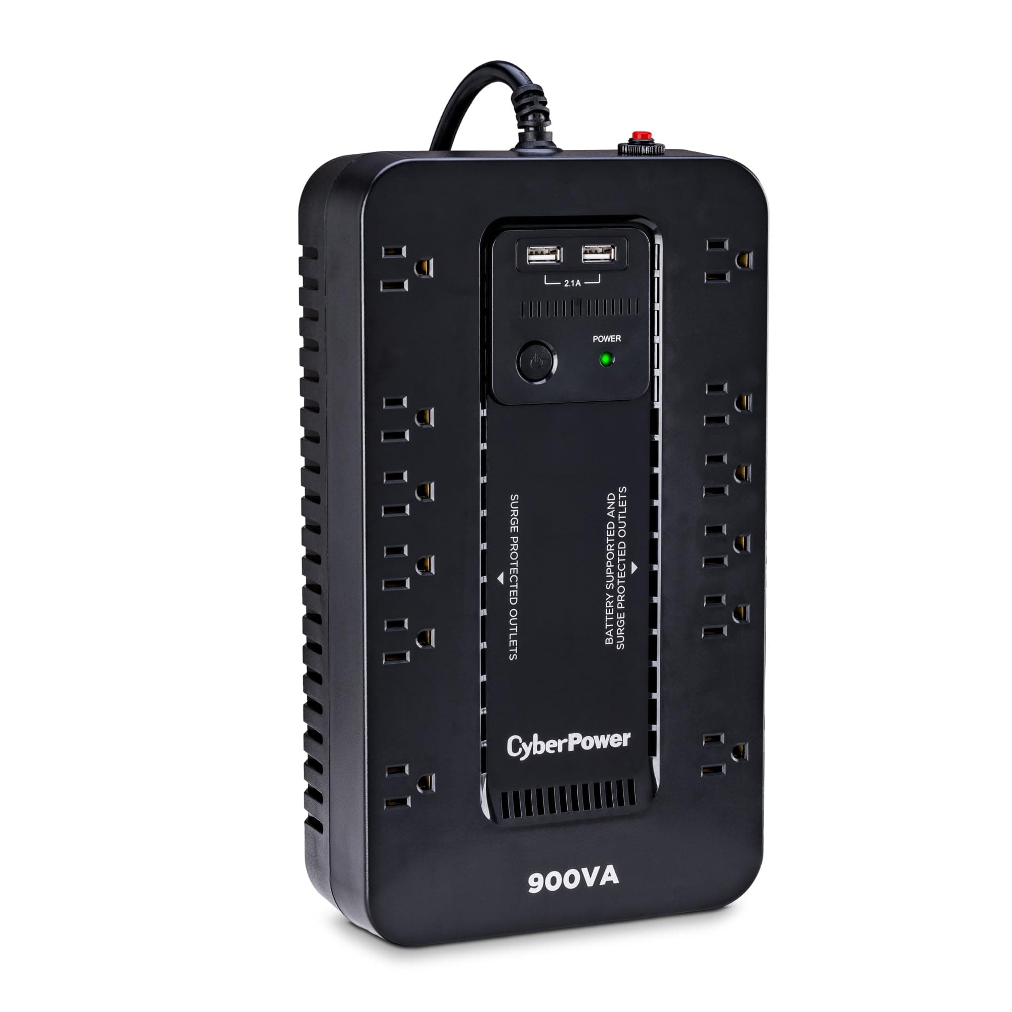 ST900U Standby UPS System, 900VA/500W, 12 Outlets, 2 USB Charging Ports, Compact, Black