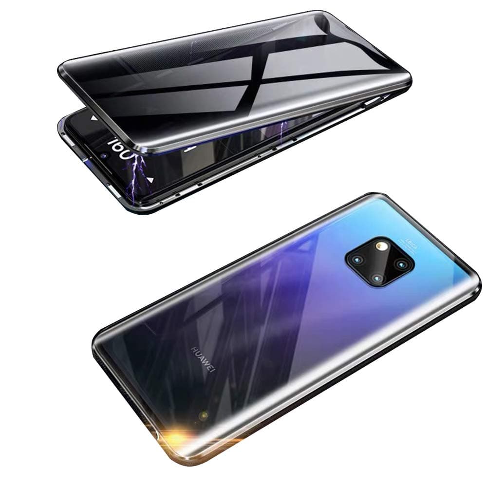 SiGrid Case for Huawei Mate 20 Pro, Anti-Peep Magnetic Phone Case Metal Frame Glass Double Side Case Anti-Peeping Full Screen HD Clear Back Pravicy Cover Shockproof 360 Magnet Case, Black