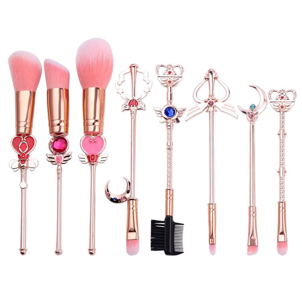 SailorMoon Makeup Brush 8pcs Set With Pouch, Magical Girl Gold/Rose Gold Cardcaptor Sakura Cosmetic Brushes With Cute Pink Bag (155g Rose Gold)