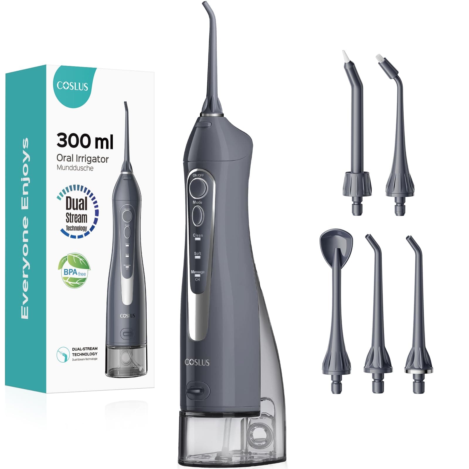 Water Dental Flosser Teeth Pick C20(F5020E): Portable Cordless Oral Irrigator 300ML Rechargeable Travel Irrigation Cleaner IPX7 Waterproof Electric Flossing Machine for Teeth Cleaning, Grey