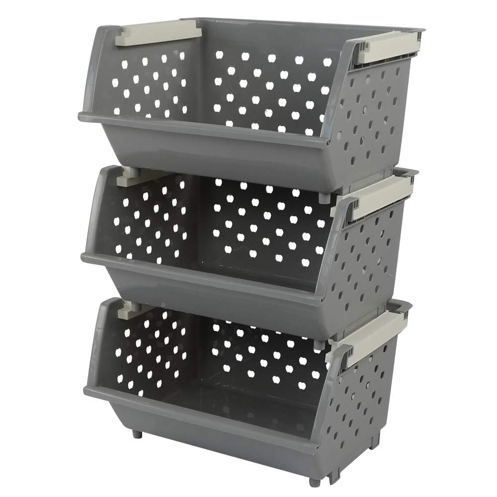Plastic Stackable Storage Bins, Multi-functional Stacking Basket, Grey, Pack of 3