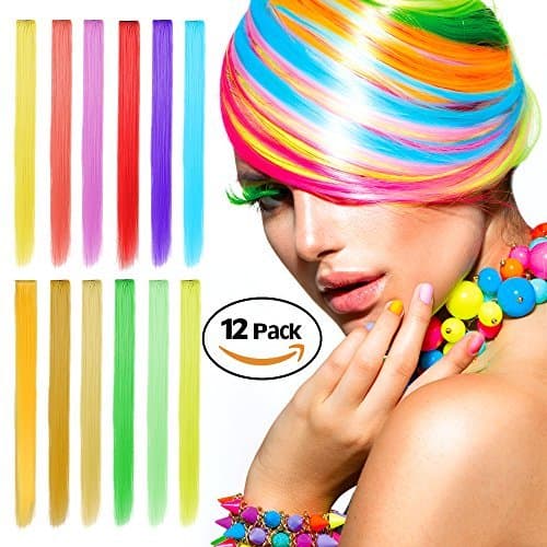 Color Hair Extensions, Ezire 23 Inches 12-Color Party Highlights Clip on in Hair Extensions 12 PCs Colorful Straight Hairpieces