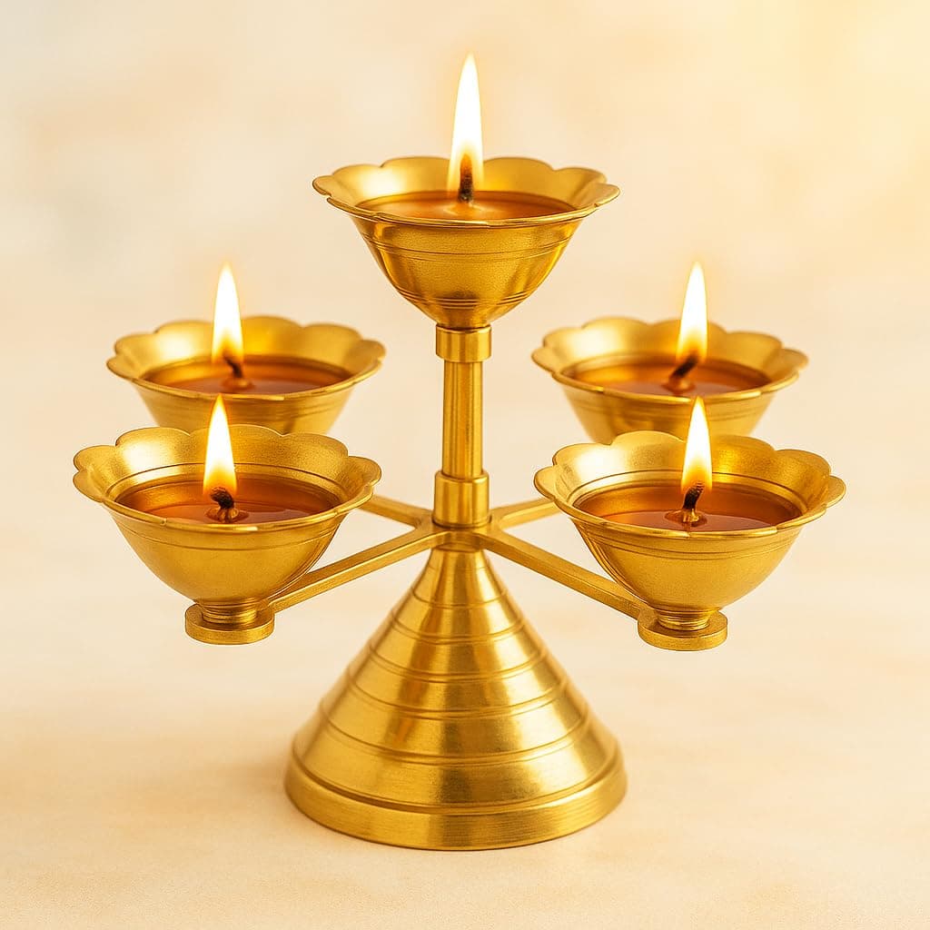 Pure Source India Pure Brass 5 Faced Ethnic Panchadeep | Bhadradeepam /Lamp/Akhand Diya for Mandir, Pooja Room,Diwali Gift Decorative Item for Home Decor (8 INCH. Gold 1PCS ) 400 GM