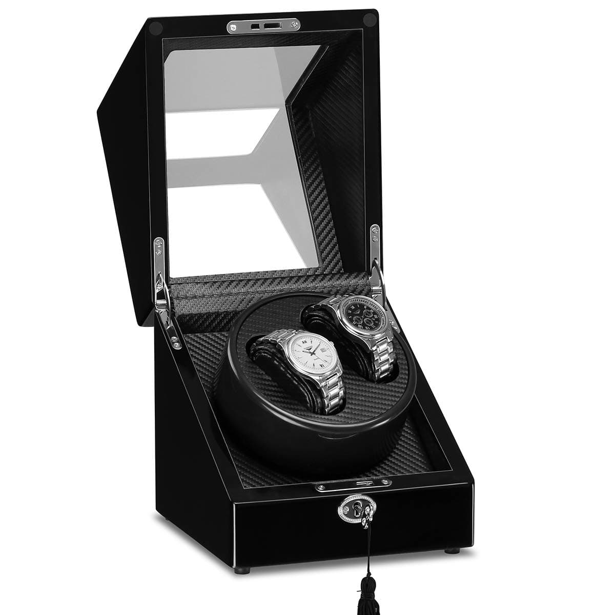 CRITIRON Luxury Automatic Watch Winder with 2 Leather Storage (Wood Shell + Leather Pillow + Piano Paint + Tempered Glass) (2+0 Black1)