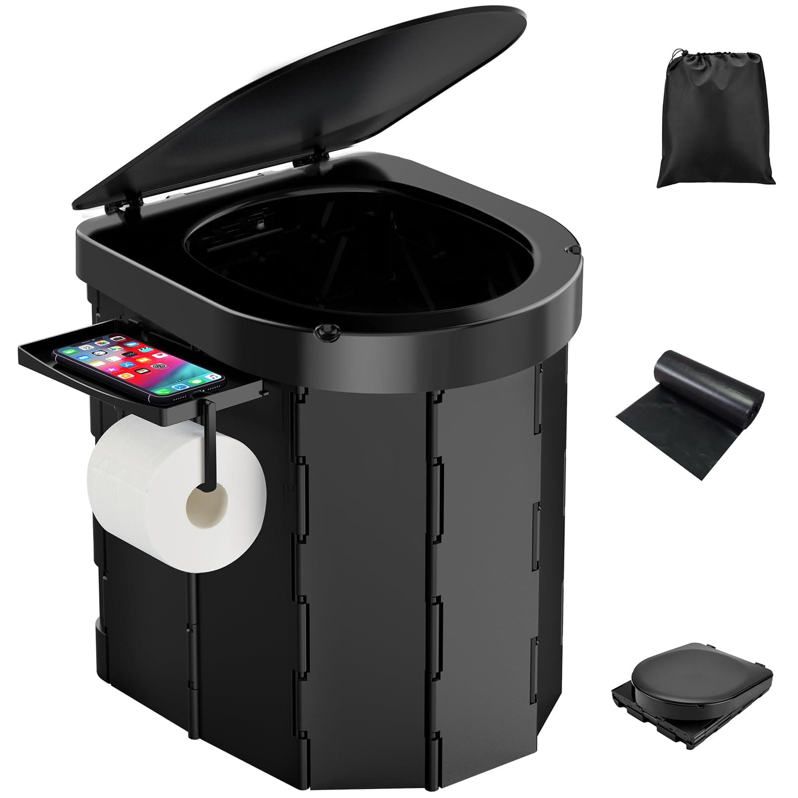 Portable Camping Toilet, Foldable Toilet for Adults with Detachable Phone Shelf and Toilet Paper Holder, Waterproof Porta Potty with Lid for Camping, Hiking, RV Travel, Road Trips