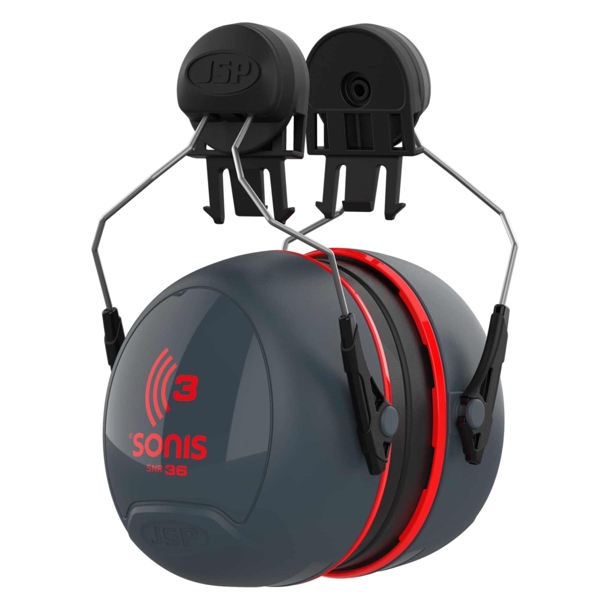 SONIS 3 Mounted Ear Defenders - 36dB SNR - Grey/Red - Hearing Protection Earmuffs for Adults - Flexible & Comfortable Fit - Compatible Hard Hats (AEB040-0C1-A00)