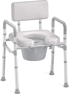 Bedside Commode with Padded Seat and Backrest, Aluminum Commode Toilet with Bucket, Easy Cleaning Portable Toilet for Adults and Seniors, 350 lb Capacity Enhanced Crossbar