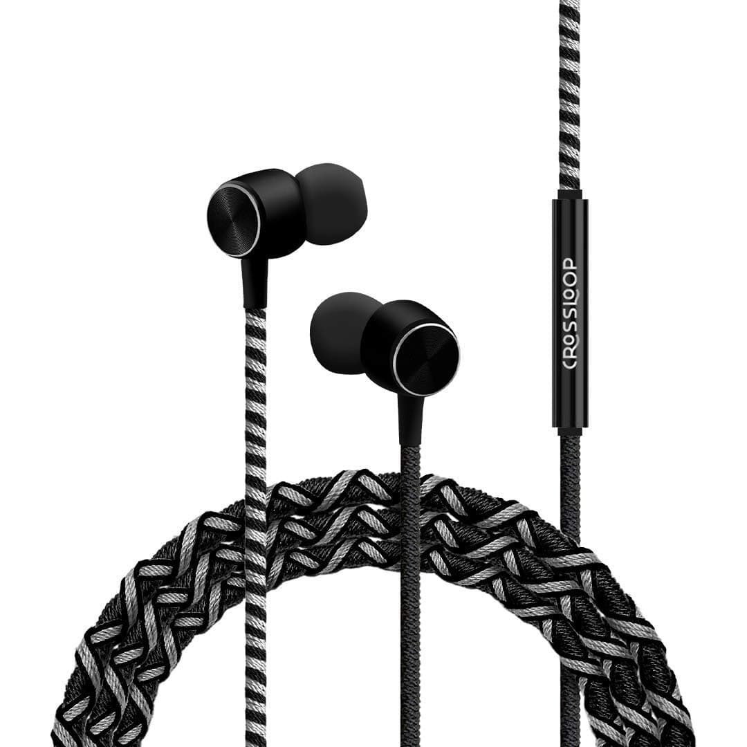 Crossloop Pro Series Braided Tangle Free Designer Wired in Ear Earphones with Mic with Metallic Driver 3.5Mm for Extra Bass (Black and Grey)