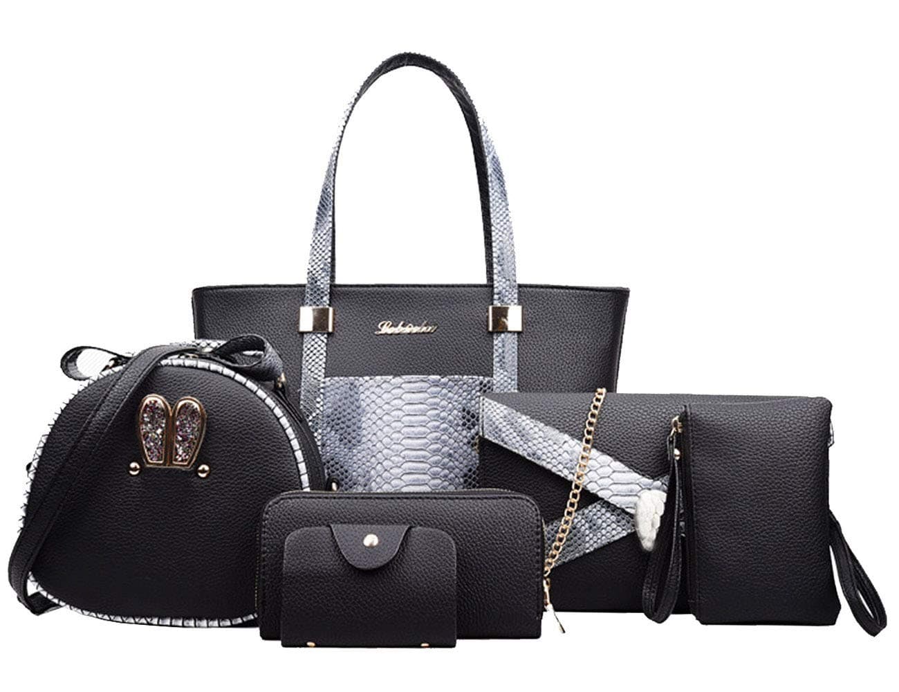 Women 6 Pcs Bag Set Stitching Handbag and Purse PU Top-Handle Bag Tote Clutch Wallet Card Holder Black